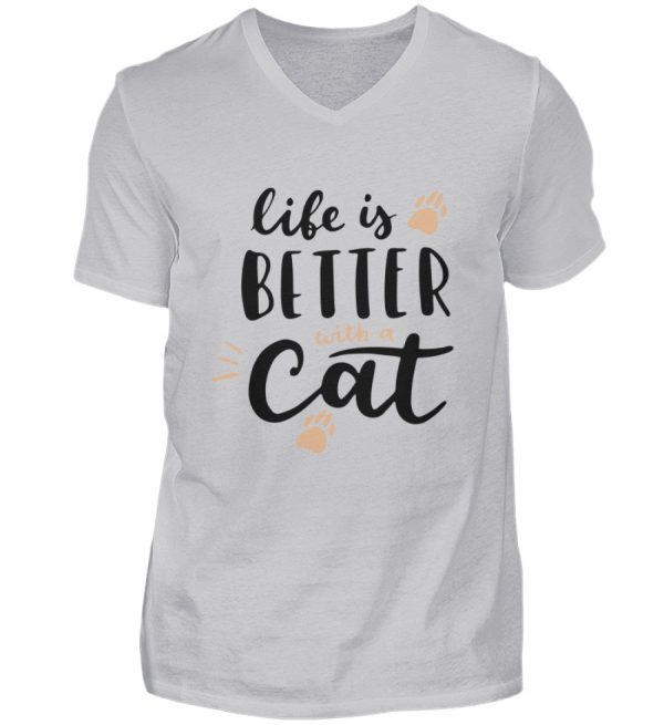 Life is better with a cat Schriftzug  - Herren V-Neck Shirt Online – Bild 3