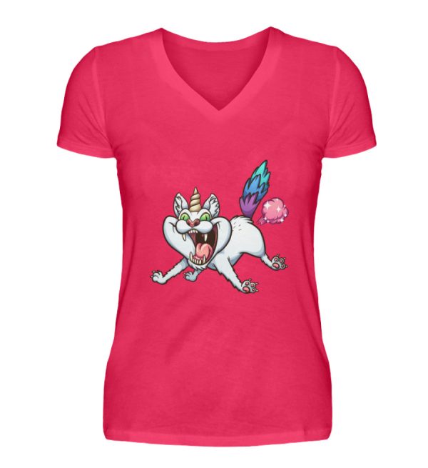 Pupsende Einhornkatze  - V-Neck Damenshirt Schn?ppchen