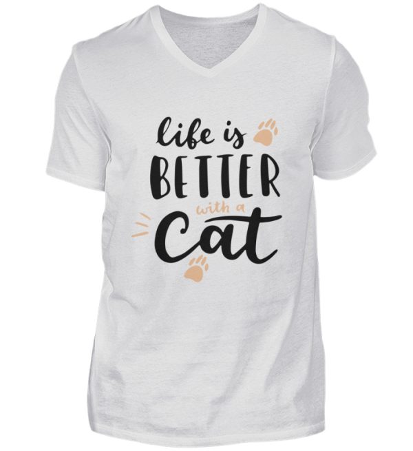 Life is better with a cat Schriftzug  - Herren V-Neck Shirt Online – Bild 4