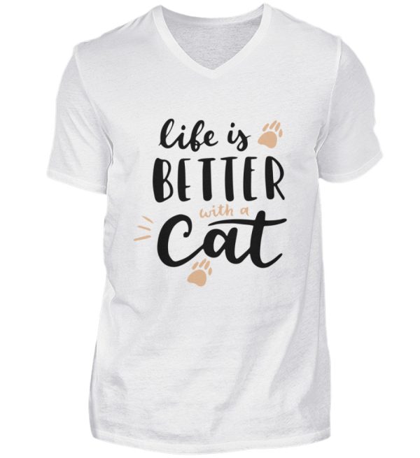 Life is better with a cat Schriftzug  - Herren V-Neck Shirt Online – Bild 2
