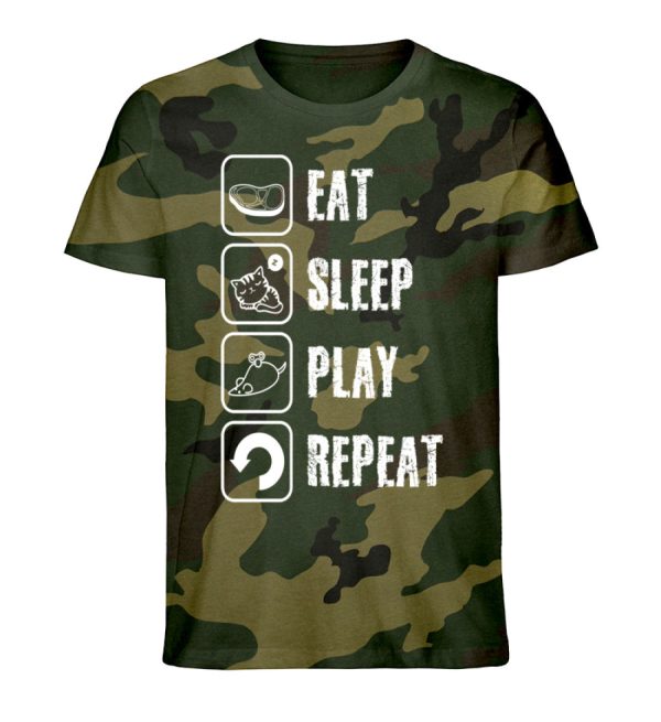 Eat sleep play repeat weiße Schrift - Camouflage Organic Shirt Angebot