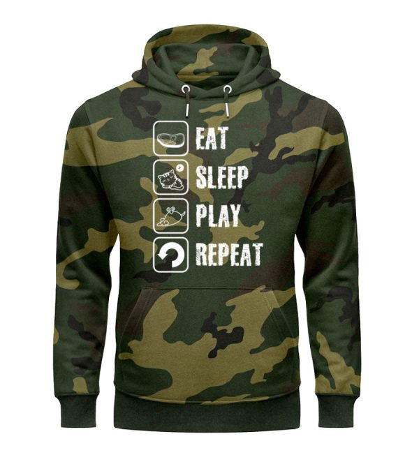 Eat sleep play repeat weiße Schrift  - Camouflage Organic Hoodie Schn?ppchen