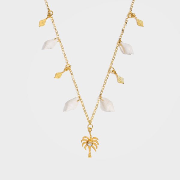 Palm Tree Charm Necklace with Moonstone & Shells in Gold - Palma | By Lunar James Online