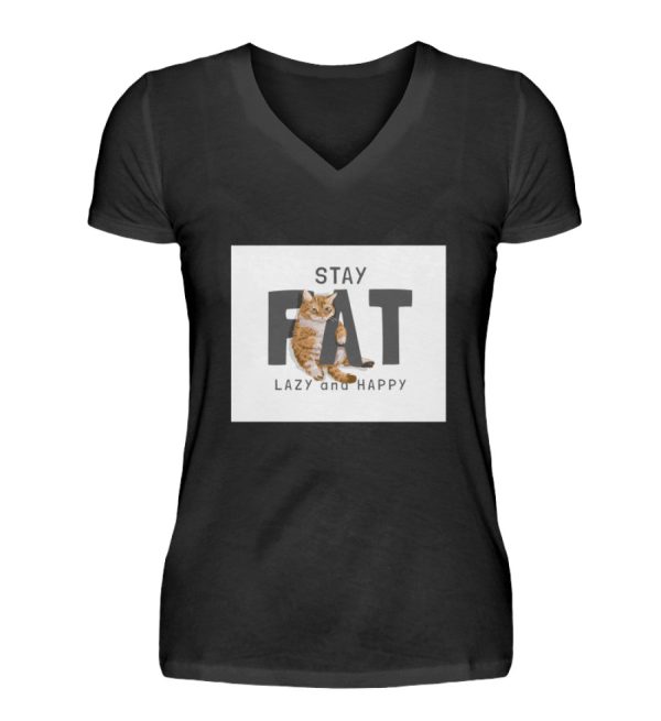 Stay fat lazy and happy  - V-Neck Damenshirt Online – Bild 3